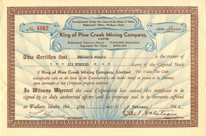 King of Pine Creek Mining Co., Limited - Stock Certificate